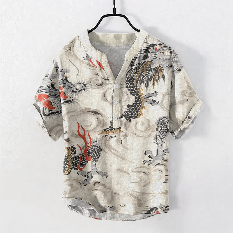 Buddha Stones Cotton Dragon Print Henley Men's Short Sleeve Half Button Shirt
