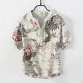 Buddha Stones Cotton Dragon Print Henley Men's Short Sleeve Half Button Shirt