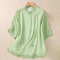 Buddha Stones Embroidery Plants Flower Half Sleeve Plain Frog-Button Stand Collar Women's Shirt
