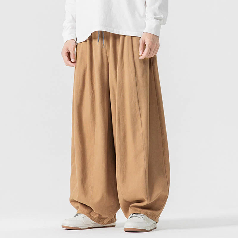 Buddha Stones Winter Commute Plain Drawstring Design Men's Wide Leg Cotton Pants With Pockets