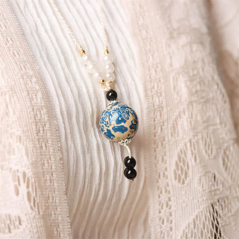 Buddha Stones Ebony Wood Aurora Lacquer Craft Bead Pearl Balance Necklace Pendant