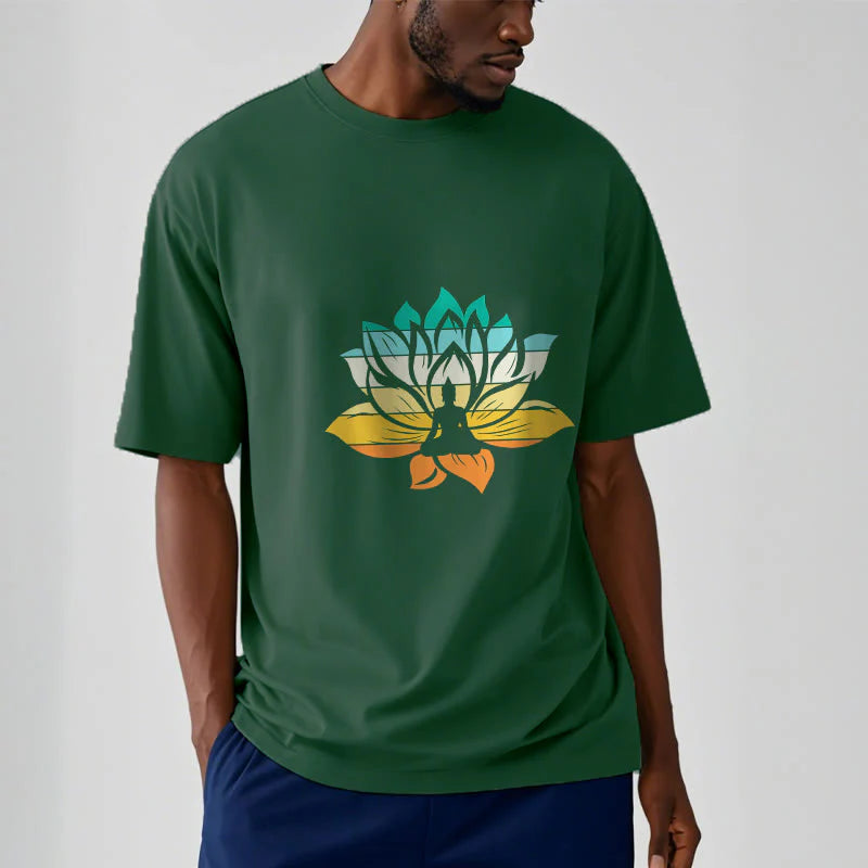 Buddha Stones Gradient-colored Lotus Flower Buddha Meditation Cotton Tee T-shirt