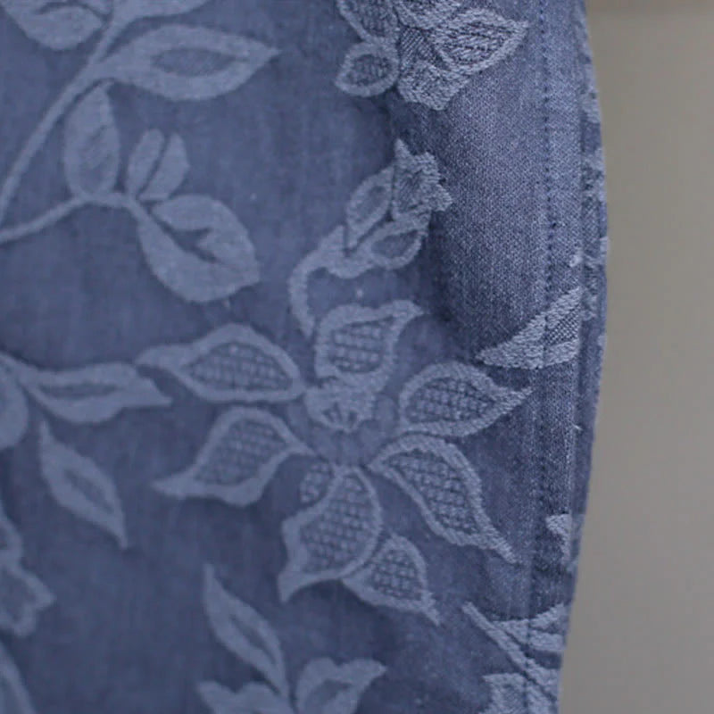 Buddha Stones Blue Flowers Embroidery Jacquard Midi Dress Three Quarter Sleeve Cotton Dress With Pockets
