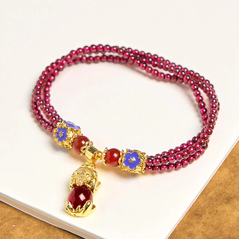 Buddha Stones Natural 3mm Garnet Beads PiXiu Flower Purification Multilayer Bracelet