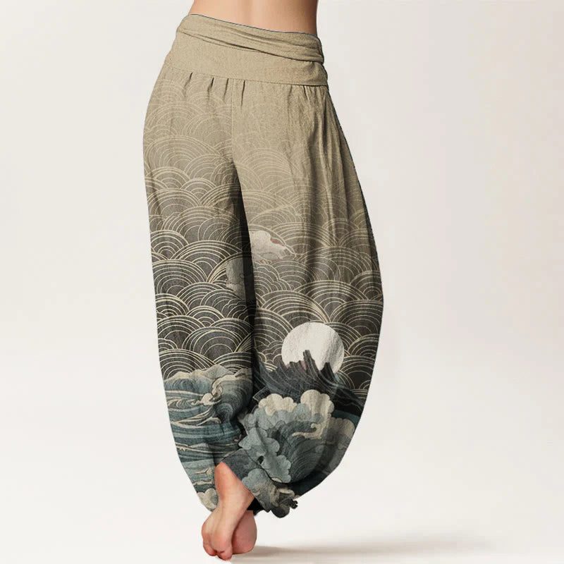 Buddha Stones Cotton Casual Wave Moon Mountain Pattern Women's Elastic Waist Harem Pants