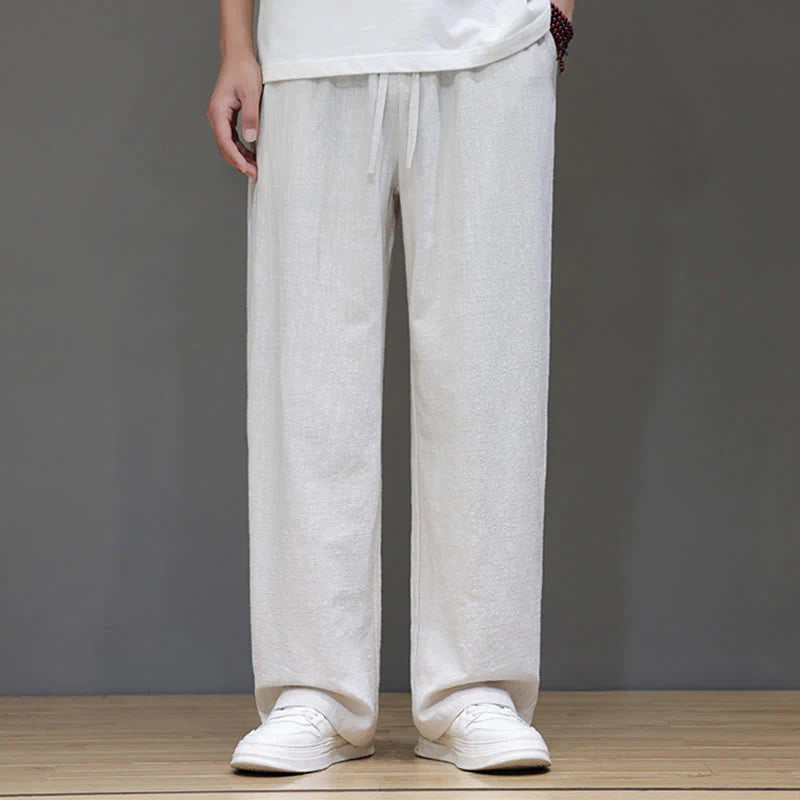 Buddha Stones Summer Men's Cotton Linen Straight Leg Pants With Pockets