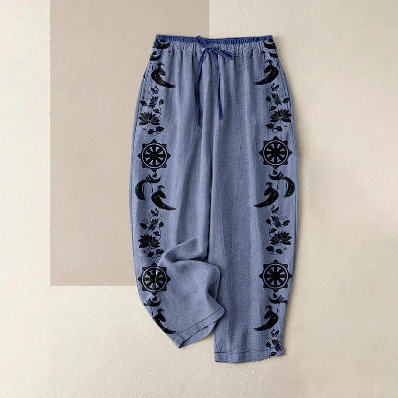 Buddha Stones Cotton Casual Dharma Wheel Lotus OM Pattern Women's Elastic Waist Pants With Pockets