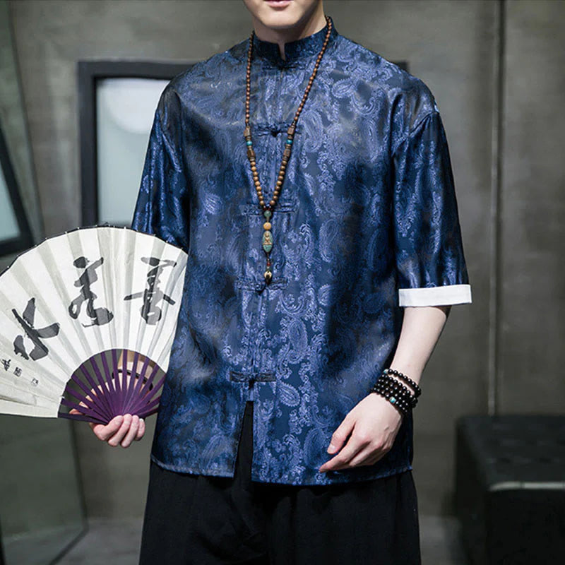 Buddha Stones Summer Cashew Flowers Pattern Men's Frog-Button Half Sleeve Shirts