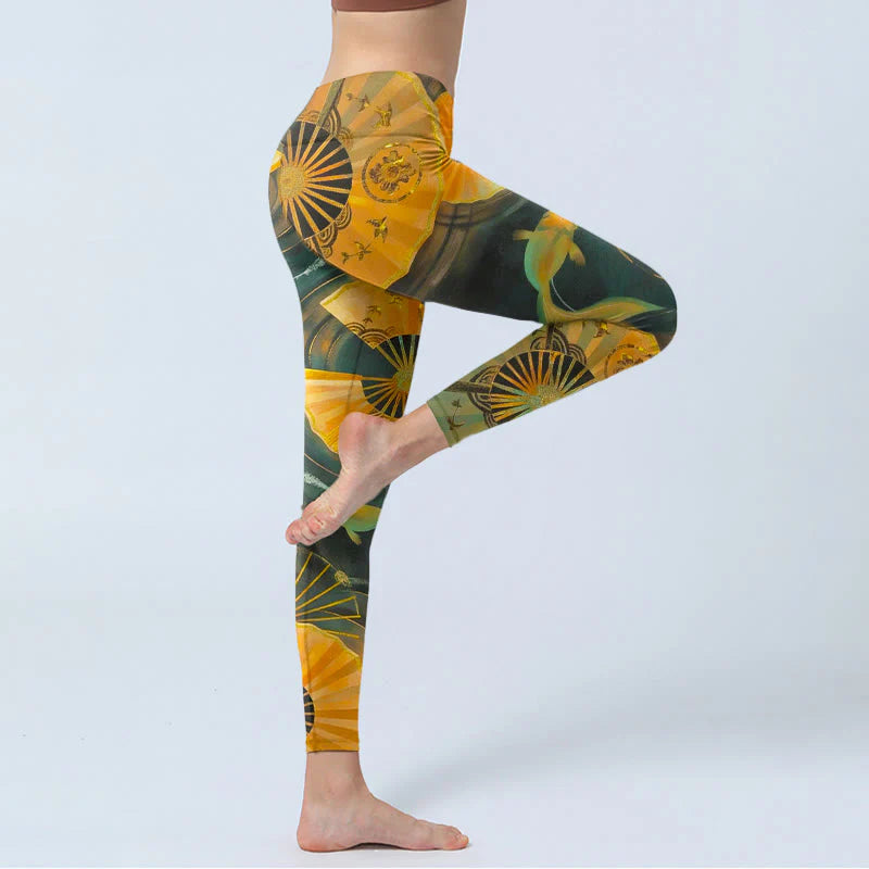 Buddha Stones Gorgeous Folding Fan Koi Fish Print Gym Leggings Women's Yoga Pants