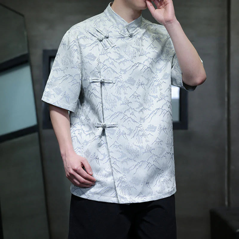 Buddha Stones Summer Mountain Pattern Jacquard Chinese Frog-Button Cotton Short Sleeve Men's Shirt