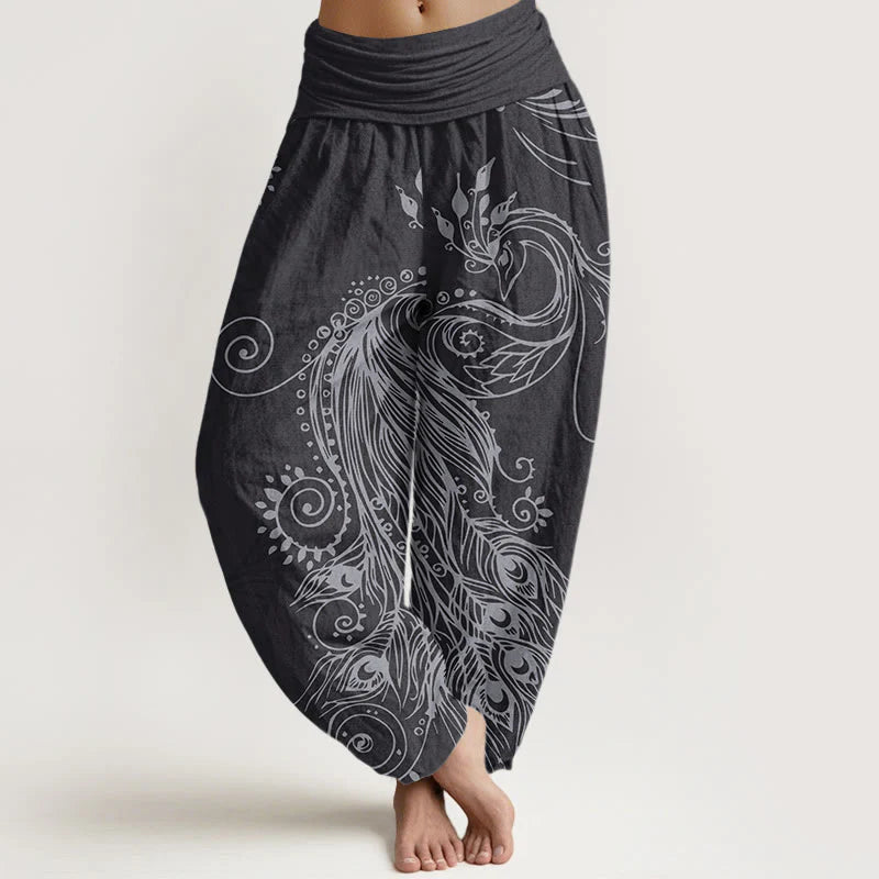 Buddha Stones Cotton Casual Peacock Design Women's Elastic Waist Harem Pants