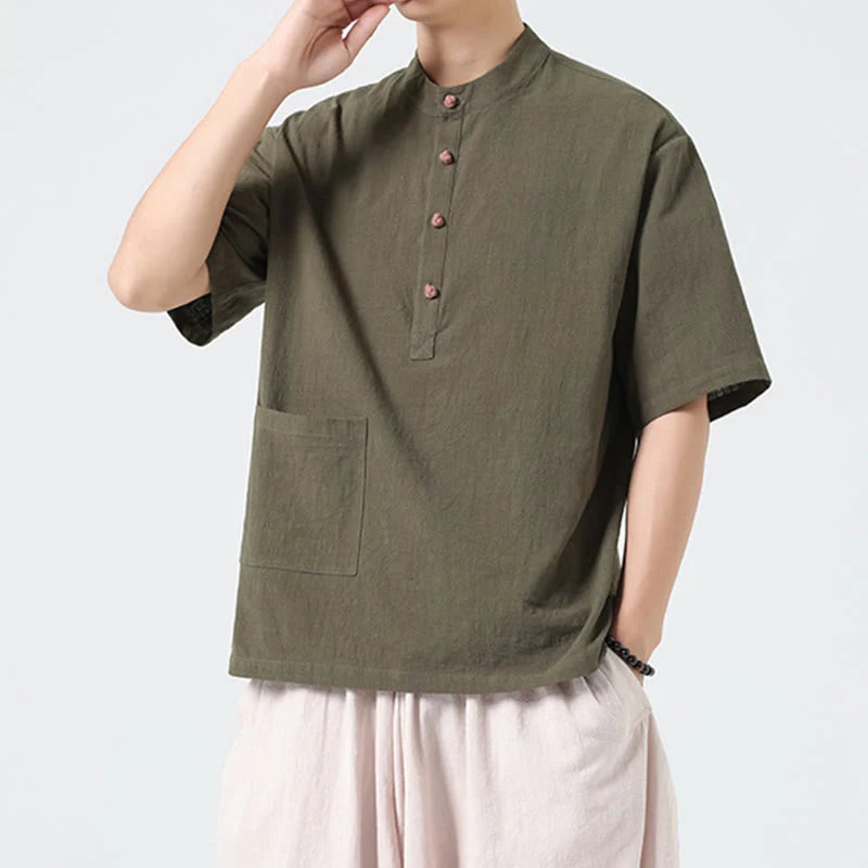 Buddha Stones Casual Half Frog-Button Design Stand Collar Tang Suit Men's Half Sleeve Cotton Shirt With Pocket