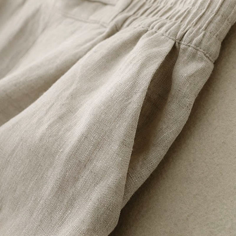 Buddha Stones Daily Solid Color Elastic Waistband Frog-Button Cotton Women's Wide Leg Pants With Pockets