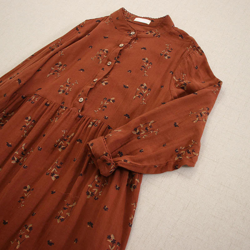 Buddha Stones Spring Small Floral Print Buttons Design Crew Neck Long Sleeve Midi Dress With Pockets