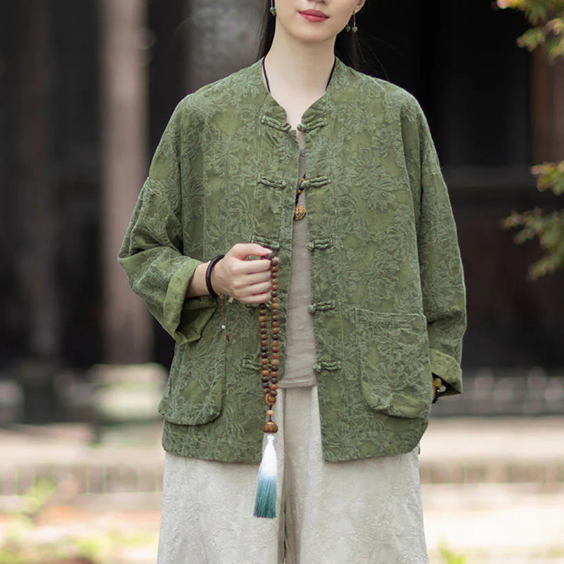 Buddha Stones Fall Jacquard Women's Frog-Button Long Sleeve Shirt Pants Cotton Linen Clothing