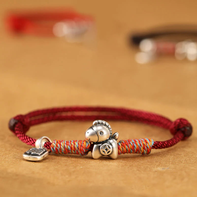 Buddha Stones 999 Sterling Silver Year Of The Horse Fu Character Charm String Braided Luck Bracelet