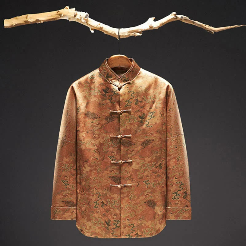 Buddha Stones 100% Mulberry Silk 30 Momme Phoenix Auspicious Clouds Long Sleeve Men's Jacket