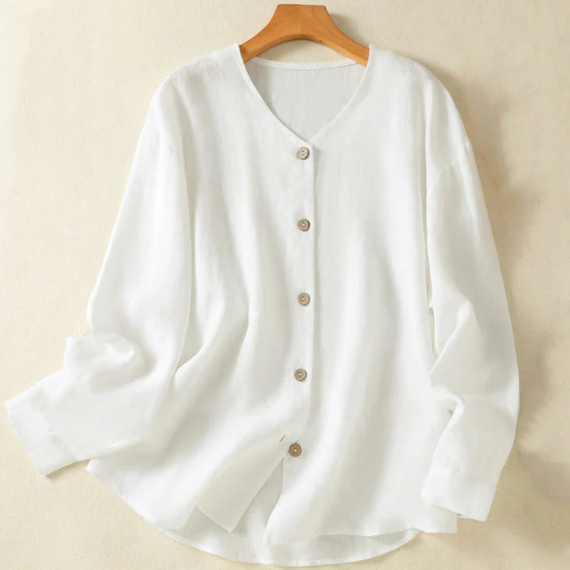 Buddha Stones Spring Plain Buttons Design V-Neck Long Sleeve Women's Cotton Linen Shirt