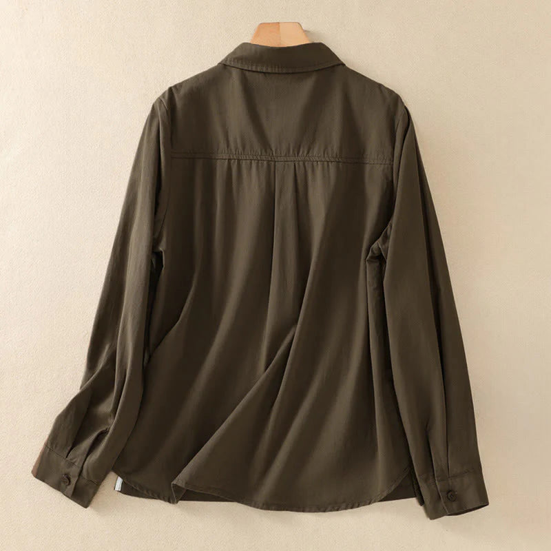 Buddha Stones Spring Lapel Long Sleeve Plain Women's Cotton Buttons Shirt With Pockets