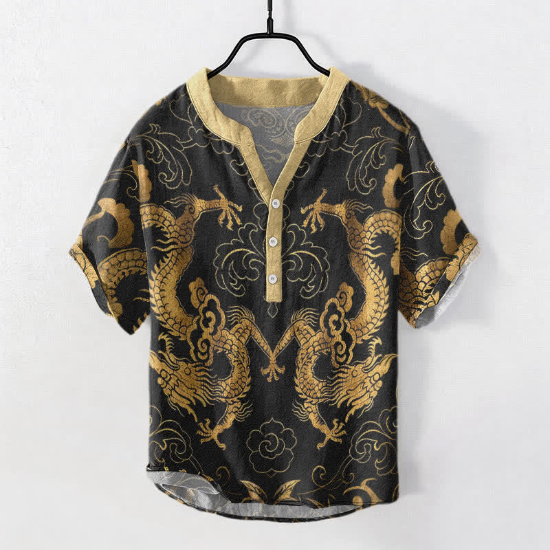 Buddha Stones Cotton Dragon Cloud Emblem Men's Short Sleeve Half Button Shirt