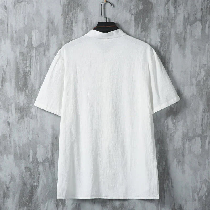 Buddha Stones Daily Casual Plain Chinese Frog-Button Men's Short Sleeve Cotton Linen Shirt