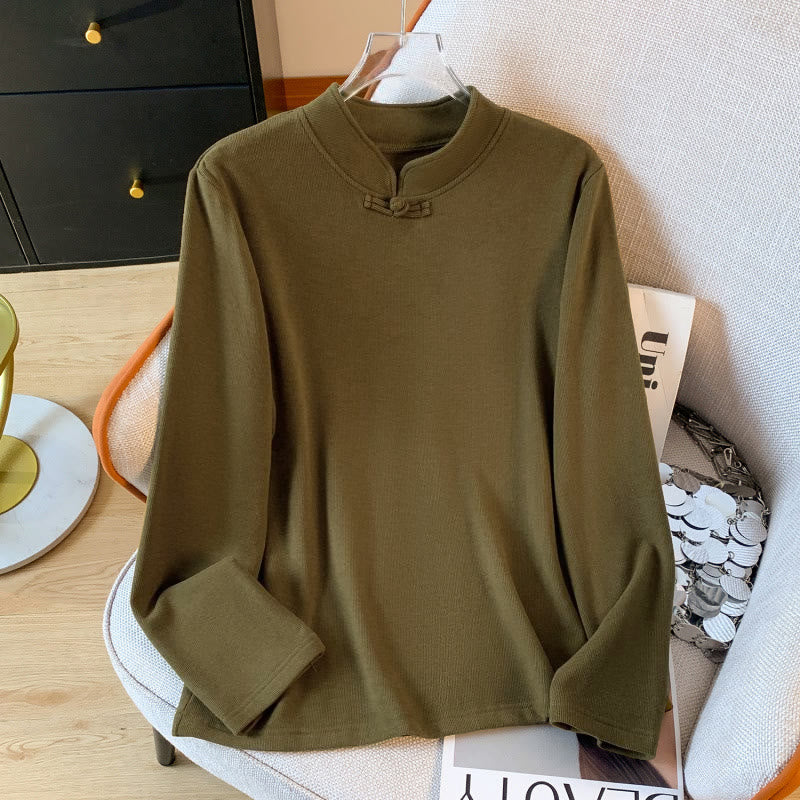 Buddha Stones Spring Solid Color Stand Collar Frog-button Design Women's Cotton Long Sleeve Shirt