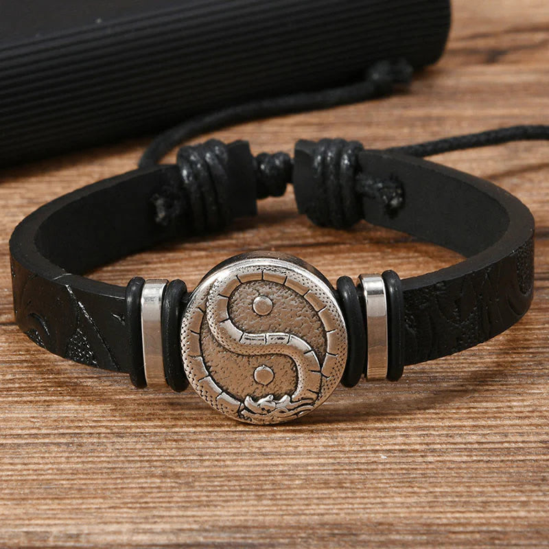 FREE Today: Balance and Strength Round Engraved YIN YANG Dragon Leather Bracelet