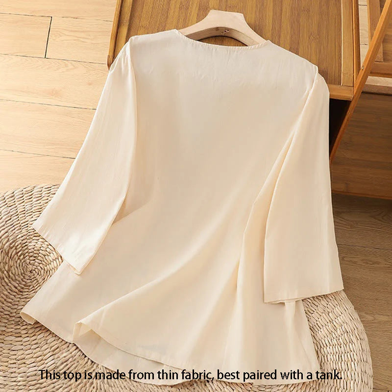 Buddha Stones Retro Embroidery Lace-Up Women's Three Quarter Sleeve Cotton Linen T-Shirt