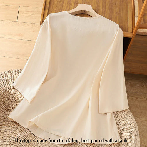 Buddha Stones Retro Embroidery Lace-Up Women's Three Quarter Sleeve Cotton Linen T-Shirt
