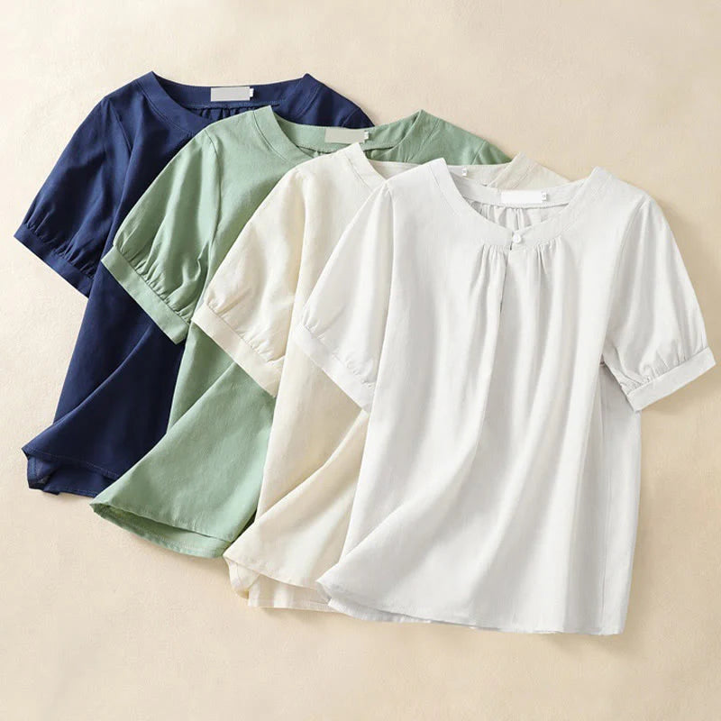 Buddha Stones Casual Women's Plain Crew Neck Button Design Half Sleeve Cotton Linen Shirt