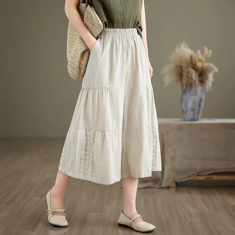 Buddha Stones Casual Plain Lace Splicing Cotton Linen Women's Cropped Wide Leg Pants With Pockets