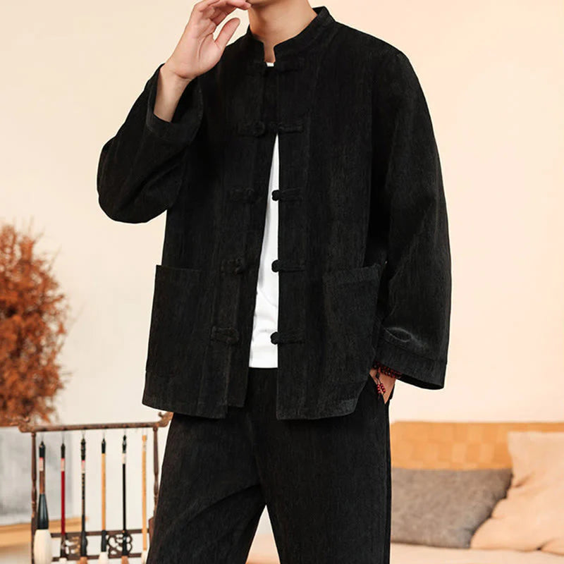 Buddha Stones 2Pcs Winter Thick Men's Tang Suit Frog-Button Cotton Corduroy Long Sleeve Jacket Pants Set With Pockets