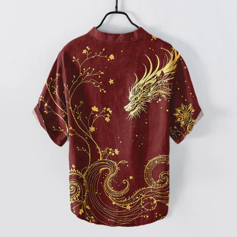Buddha Stones Cotton Wave Dragon Flower Pattern Men's Short Sleeve Half Button Shirt