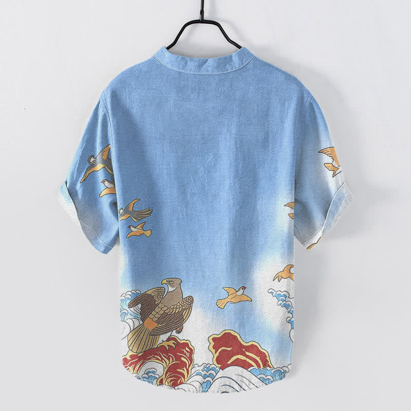Buddha Stones Cotton Ocean Bird Wave Rock Print Men's Short Sleeve Half Button Shirt