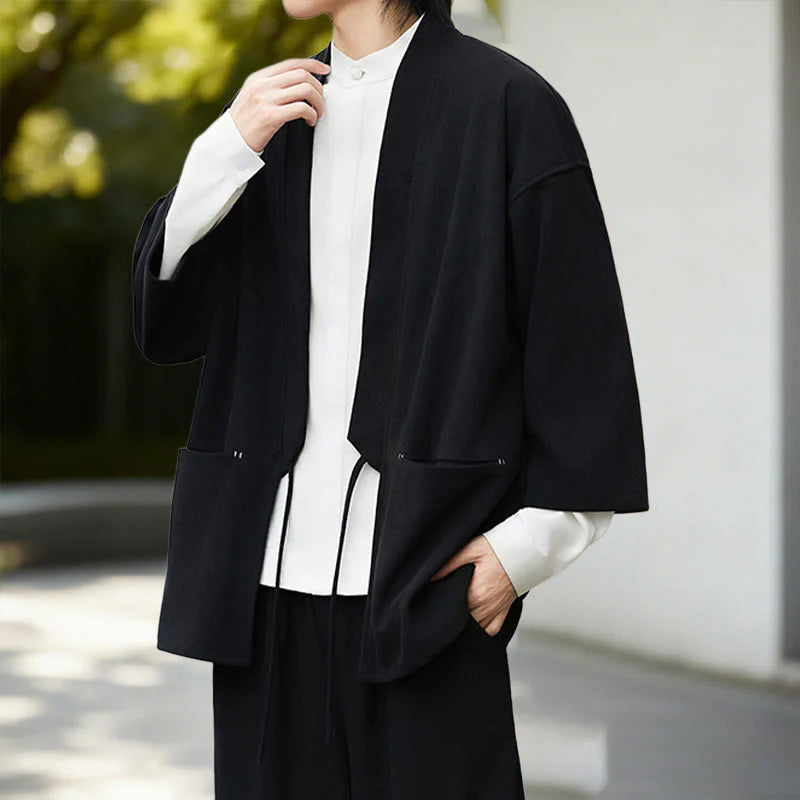 Buddha Stones Solid Color Open Front Long Sleeve Corduroy Jacket Men's Kimono Cotton Linen Shirt