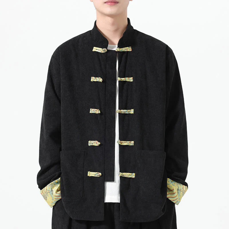 Buddha Stones Floral Design Long Sleeve Men's Cotton Corduroy Tang Suit Jacket With Pockets
