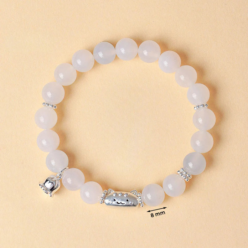 Buddha Stones 999 Sterling Silver Natural Cat Head White Cat's Eye White Agate Positive Bracelet
