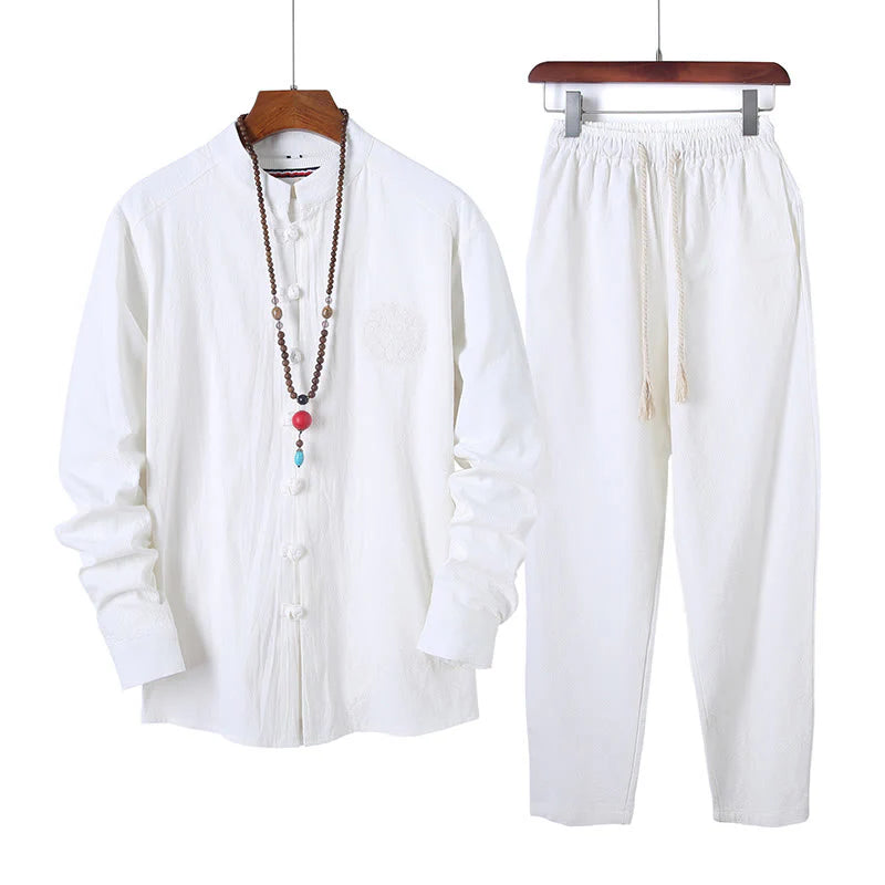 Buddha Stones 2Pcs Solid Color Men's Frog-Button Long Sleeve Cotton Shirt Pants Set With Pockets