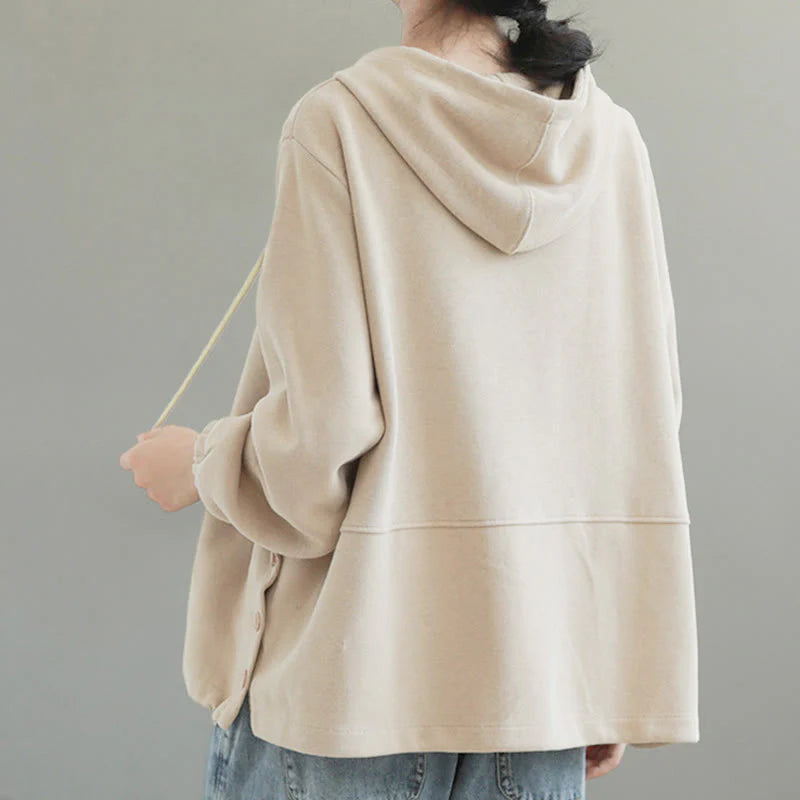 Buddha Stones Fall Solid Color Side Buttons Cotton Long Sleeve Women's Hoodie