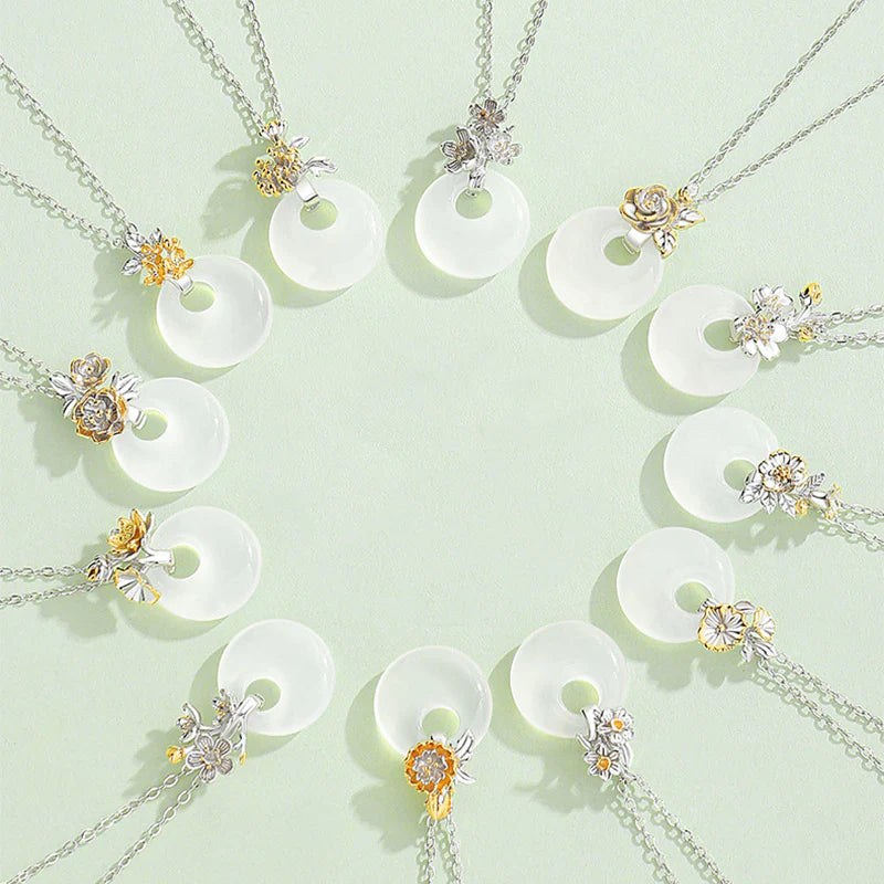 Buddha Stones 925 Sterling Silver Round Chalcedony Twelve Months Flower Harmony Necklace Pendant