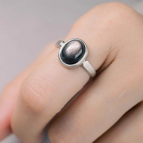 Buddha Stones Natural 925 Sterling Silver Silver Sheen Obsidian Adjustable Protection Ring