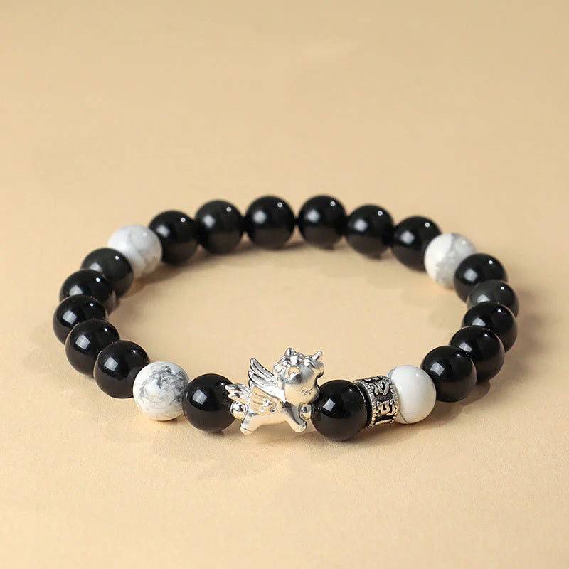 Buddha Stones 999 Sterling Silver Year Of The Horse Natural Black Obsidian Bodhi Seed Strength Bracelet