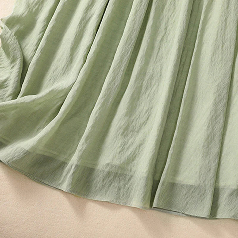 Buddha Stones Casual Contrasting Color Pleated Lace-Up Design Women's Cotton Linen 7-8 Length Skirt