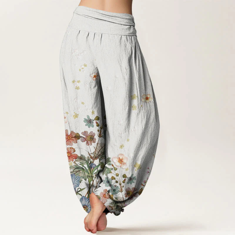 Buddha Stones Cotton Various Flowers Pattern Women's Elastic Waist Harem Pants