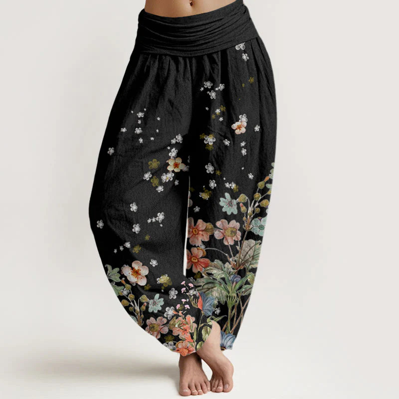 Buddha Stones Cotton Various Flowers Pattern Women's Elastic Waist Harem Pants