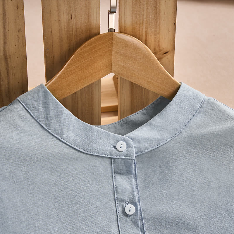Buddha Stones Fall Solid Color Buttons Design Three Quarter Sleeve Cotton Women's Shirts With Pockets