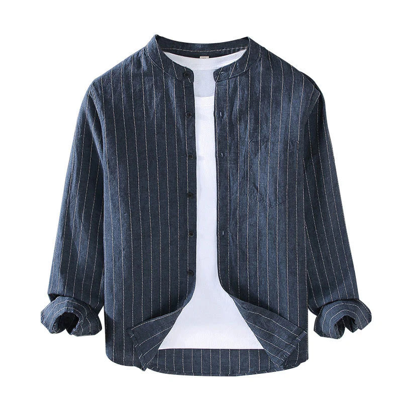 Buddha Stones Daily Tang Suit Men's Striped Pattern Cotton Linen Long Sleeve Shirt