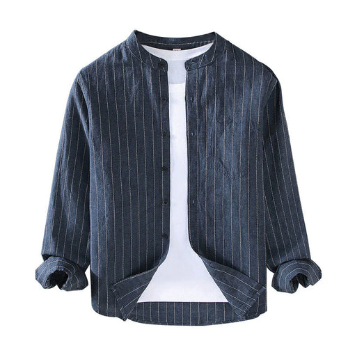 Buddha Stones Daily Tang Suit Men's Striped Pattern Cotton Linen Long Sleeve Shirt