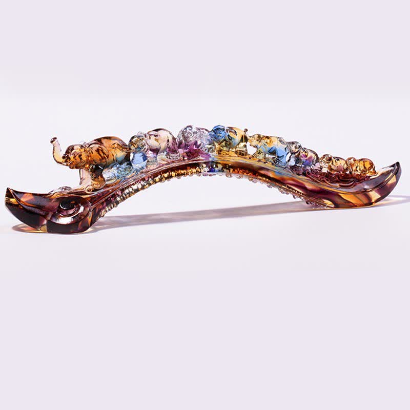 Buddha Stones Handmade Liuli Crystal Ruyi Elephant Art Piece Home Decoration With Crystal Base