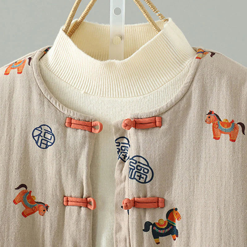 Buddha Stones Horse Fu Character Pattern Frog-Button Design Women's Long Sleeve Thickened Jacket